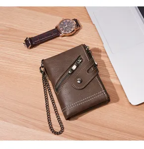 Men vintage short wallet with anti-lost chain, multiple card slots and zipper pocket detail.