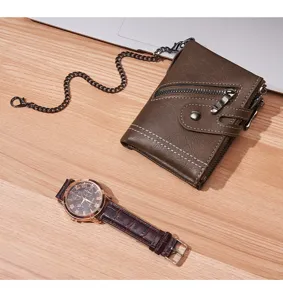 Men's vintage short wallet with anti-loss chain, multi-card slot brown PU leather purse.