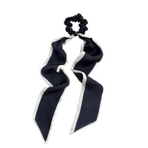 Black and white silk scrunchie with long ribbons, elegant hair tie for women's ponytails.