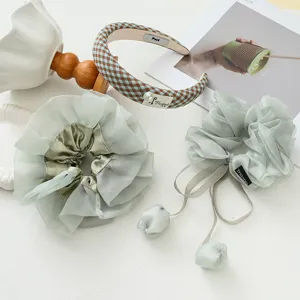 Chouchou Fleur Tulipe Vert Clair Doux Été Nœud en Organza Scrunchie Serre-Tête Plaid Accessoires Cheveux Élégants pour Femmes