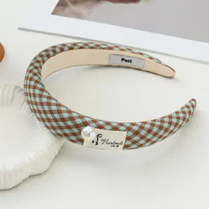 Serre-tête à carreaux vert et marron pour femme, cerceau de cheveux en tissu élégant avec perle.