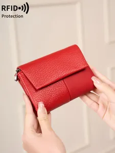 Damen RFID-Schutz Dreifach Gefaltete Kurze Brieftasche Lychee-Maserung PU-Leder Patchwork Portemonnaie Multi-Kartenfächer Reißverschluss Münzfach