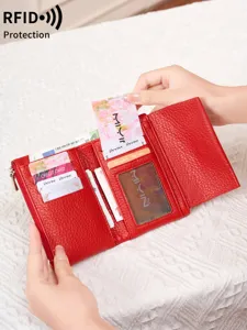 Damen RFID Schutz Dreifach Kurze Geldbörse Litschi Muster Kartenhalter Rot Portemonnaie