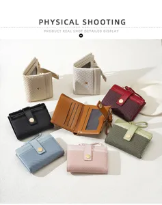 Women short two fold color block wallet multi card slot PU leather fashion coin purse