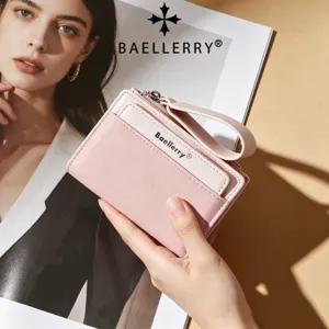Women's Short Color-Blocking PU Leather Wallet With Multi Card Slots And Wrist Strap Fashion Versatile Small Zipper Coin Purse