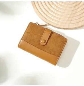 Womens short colorblocked wallet detail, pu leather bi-fold purse with card slots and coin pocket.