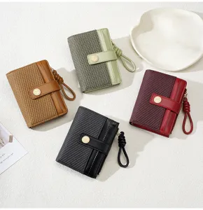 Womens short wallet multi card slot color block coin purse with zipper and wrist strap detail