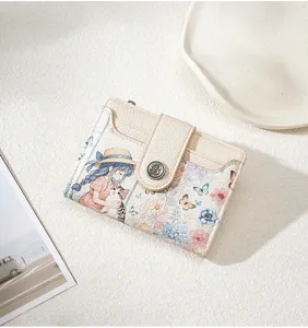 Women short wallet cute cartoon floral print card holder multi-slot purse chic new