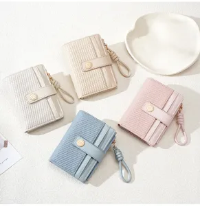 Women short bifold wallet colorblock card holder zipper coin purse with wrist strap
