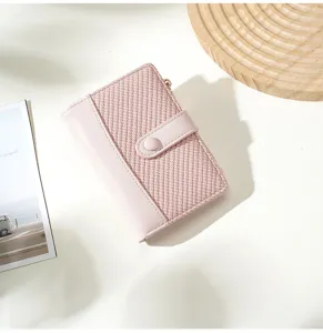 Stylish women pink short wallet with woven texture PU leather card holder closure coin purse