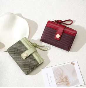 Women short bifold wallet color block card slots zipper coin purse stylish ladies purse.