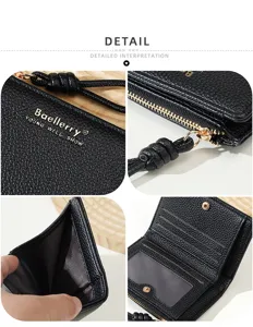 Vue détaillée du petit portefeuille femme en cuir grainé avec fentes pour cartes.