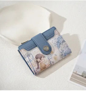 Women short wallet cute cartoon floral print bifold purse card slots coin pocket chic blue