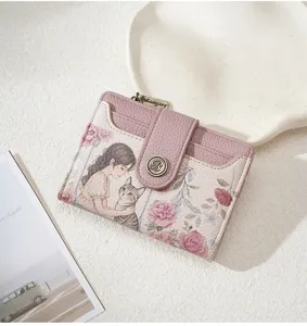 Cute pink short wallet for women with vintage cat girl illustration and card slots.
