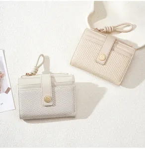 Women's short bi-fold wallet compact card holder PU leather straw woven purse chic casual style