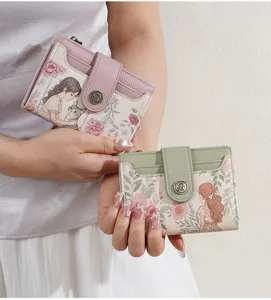 Women's short wallet cute cartoon floral print multi-card slot zipper coin purse stylish