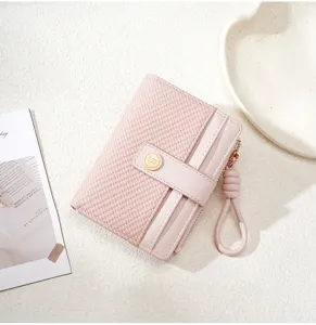 Pink women short wallet colorblock PU leather fabric card slots zipper coin purse stylish design