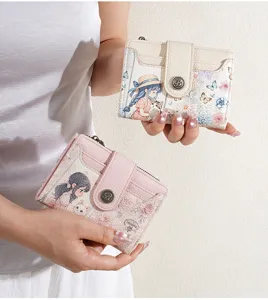 Women short wallet cute cartoon floral print card holder zipper coin purse trendy style