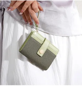 Women short bifold wallet colorblock design card slots coin purse with wrist strap detail view
