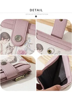 Women short wallet cute cartoon print pu leather card holder zipper coin purse trendy