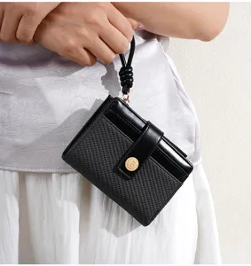 Women short wallet two fold color block coin purse with card slots and wrist strap.