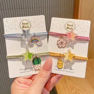 Koreaanse Schattige Ster Haar elastiek Armband Voor Dames Meisjes Vijfpuntige Ster Haartouw Met Regenboog Cactus Sakura Hangers