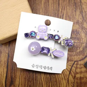 Cute purple bear rhinestone duckbill hair clips set sweet Korean style side hairpin hair accessories for women