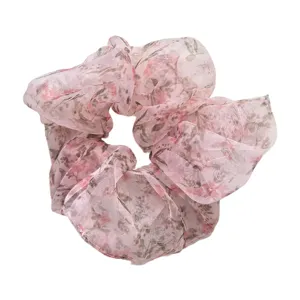 Chiffon floral scrunchie detail view, sweet Korean style hair accessory for daily use.