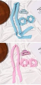 Heatless curling ribbon set with scrunchies and claw clips for effortless wavy hairstyles.