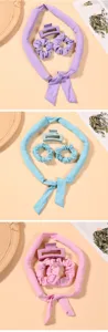 Heatless curling rod set with claw clip and scrunchies for overnight hair styling.