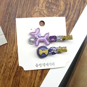Purple crystal hair clips set cute bow duckbill hairpin side hair accessories detail shot