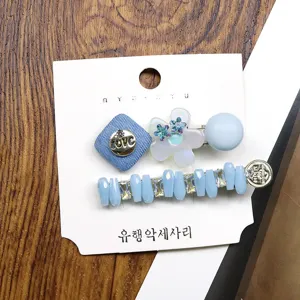 Korean sweet blue crystal hair clips set, cute side hairpin and duckbill clip for women.