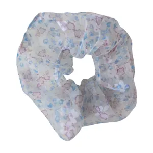 Korean style floral sheer chiffon scrunchie, sweet ponytail hair tie accessory for women.