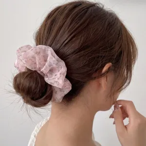 Chic floral sheer organza hair scrunchie for women sweet daily ponytail holder cute hair accessory