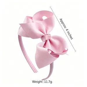 Close-up detail of a cute pink bow headband with clear size and weight specifications.