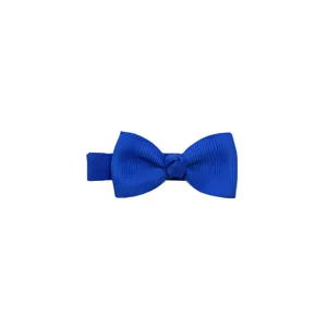 Blue ribbon bow hair clip detail view, handmade fabric infant hair accessory close up