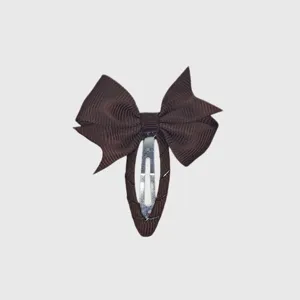 Brown bow hair clip detail, sweet ribbon snap hairpin for girls and kids, daily hair accessory.