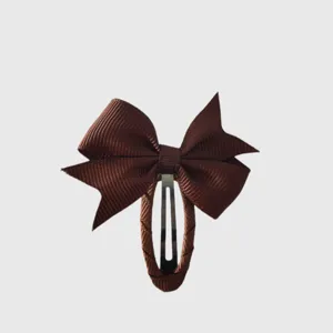 Brown grosgrain ribbon bow hair clip detail view, elegant children hair accessory piece.