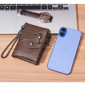 Vintage men short brown wallet with double zipper, coin purse and secure anti-loss chain detail.