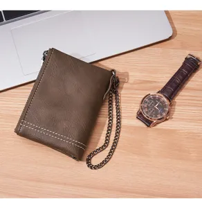 Men short retro leather wallet with double zipper and metal chain detail for daily use