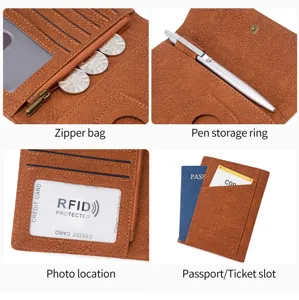 Portapassaporto multifunzionale in ecopelle marrone con tasca con zip e tasche per carte.