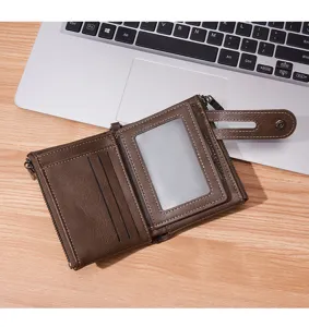 Men's vintage brown short wallet with multi card slots, ID window and double zippers.