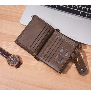 Men's vintage brown short wallet with double zippers, multi-card slots and coin pocket.