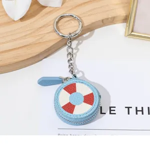 Llavero monedero de cuero salvavidas azul mini bolso con cremallera colgante elegante.
