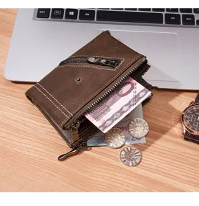 Men vintage short wallet brown leather dual zipper coin purse card holder detail view.