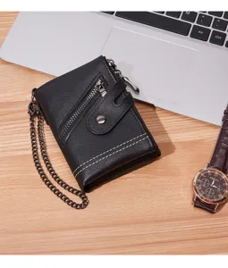 Men black short wallet detail view with metal chain and zipper pocket for daily use retro style