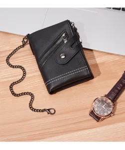 Men's vintage short wallet with chain, black multi-card coin purse detail view display.