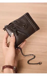 Vintage brown men's short wallet with secure chain, dual zippers and multiple card slots detail.