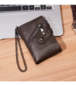 Men vintage short wallet dark brown leather coin purse with chain and zipper pocket