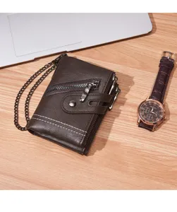 Men's retro short leather wallet with double zippers, multiple card slots, and anti-lost chain.